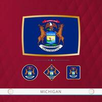 Set of Michigan flags with gold frame for use at sporting events on a burgundy abstract background. vector