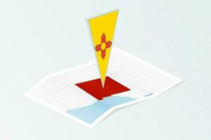 Isometric paper map of New Mexico with triangular flag of New Mexico in isometric style. Map on topographic background. vector