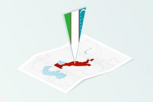 Isometric paper map of Uzbekistan with triangular flag of Uzbekistan in isometric style. Map on topographic background. vector