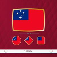 Set of Samoa flags with gold frame for use at sporting events on a burgundy abstract background. vector