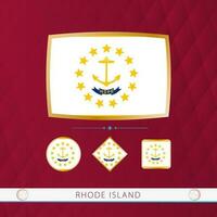 Set of Rhode Island flags with gold frame for use at sporting events on a burgundy abstract background. vector