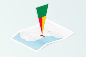 Isometric paper map of Benin with triangular flag of Benin in isometric style. Map on topographic background. vector