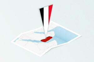 Isometric paper map of Yemen with triangular flag of Yemen in isometric style. Map on topographic background. vector