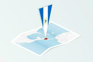 Isometric paper map of Nicaragua with triangular flag of Nicaragua in isometric style. Map on topographic background. vector