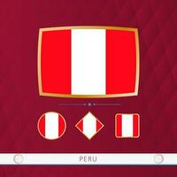 Set of Peru flags with gold frame for use at sporting events on a burgundy abstract background. vector