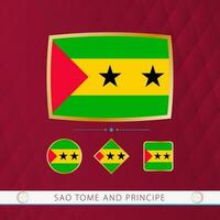 Set of Sao Tome and Principe flags with gold frame for use at sporting events on a burgundy abstract background. vector