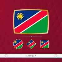 Set of Namibia flags with gold frame for use at sporting events on a burgundy abstract background. vector