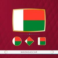 Set of Madagascar flags with gold frame for use at sporting events on a burgundy abstract background. vector