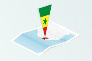 Isometric paper map of Senegal with triangular flag of Senegal in isometric style. Map on topographic background. vector