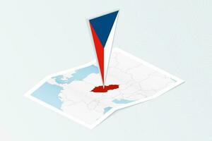 Isometric paper map of Czech Republic with triangular flag of Czech Republic in isometric style. Map on topographic background. vector