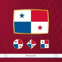 Set of Panama flags with gold frame for use at sporting events on a burgundy abstract background. vector