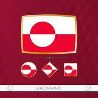 Set of Greenland flags with gold frame for use at sporting events on a burgundy abstract background. vector