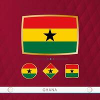 Set of Ghana flags with gold frame for use at sporting events on a burgundy abstract background. vector