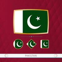 Set of Pakistan flags with gold frame for use at sporting events on a burgundy abstract background. vector