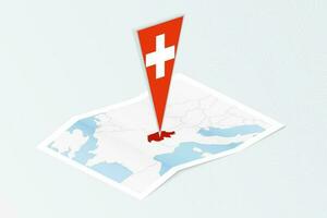 Isometric paper map of Switzerland with triangular flag of Switzerland in isometric style. Map on topographic background. vector