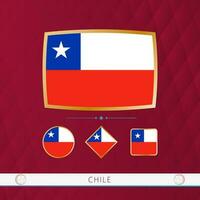 Set of Chile flags with gold frame for use at sporting events on a burgundy abstract background. vector