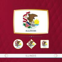 Set of Illinois flags with gold frame for use at sporting events on a burgundy abstract background. vector