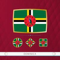 Set of Dominica flags with gold frame for use at sporting events on a burgundy abstract background. vector