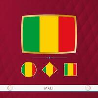 Set of Mali flags with gold frame for use at sporting events on a burgundy abstract background. vector