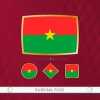 Set of Burkina Faso flags with gold frame for use at sporting events on a burgundy abstract background. vector