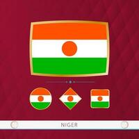 Set of Niger flags with gold frame for use at sporting events on a burgundy abstract background. vector