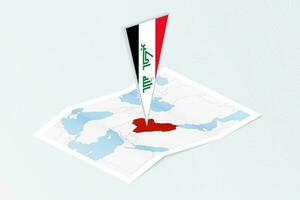 isométrica papel mapa de Irak con triangular bandera de Irak en isométrica estilo. mapa en topográfico antecedentes. vector