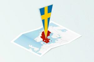 Isometric paper map of Sweden with triangular flag of Sweden in isometric style. Map on topographic background. vector