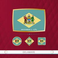 Set of Delaware flags with gold frame for use at sporting events on a burgundy abstract background. vector