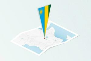 Isometric paper map of Rwanda with triangular flag of Rwanda in isometric style. Map on topographic background. vector