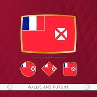 Set of Wallis and Futuna flags with gold frame for use at sporting events on a burgundy abstract background. vector