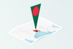 Isometric paper map of Bangladesh with triangular flag of Bangladesh in isometric style. Map on topographic background. vector