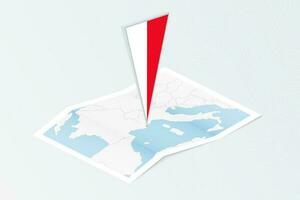 Isometric paper map of Monaco with triangular flag of Monaco in isometric style. Map on topographic background. vector