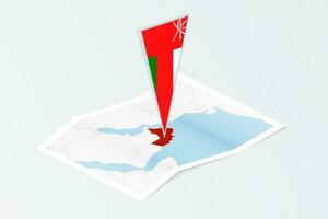 Isometric paper map of Oman with triangular flag of Oman in isometric style. Map on topographic background. vector