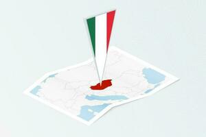 Isometric paper map of Hungary with triangular flag of Hungary in isometric style. Map on topographic background. vector