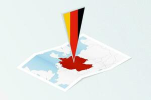 Isometric paper map of Germany with triangular flag of Germany in isometric style. Map on topographic background. vector