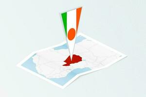 Isometric paper map of Niger with triangular flag of Niger in isometric style. Map on topographic background. vector