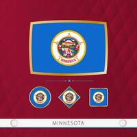 Set of Minnesota flags with gold frame for use at sporting events on a burgundy abstract background. vector