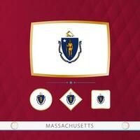 Set of Massachusetts flags with gold frame for use at sporting events on a burgundy abstract background. vector