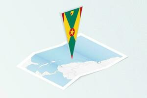 Isometric paper map of Grenada with triangular flag of Grenada in isometric style. Map on topographic background. vector