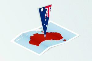 Isometric paper map of Australia with triangular flag of Australia in isometric style. Map on topographic background. vector