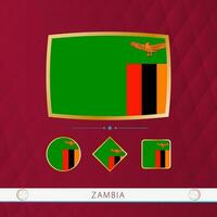 Set of Zambia flags with gold frame for use at sporting events on a burgundy abstract background. vector