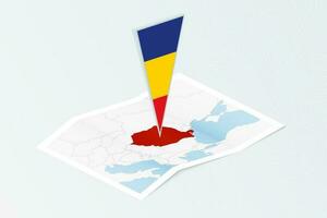 Isometric paper map of Romania with triangular flag of Romania in isometric style. Map on topographic background. vector