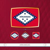 Set of Arkansas flags with gold frame for use at sporting events on a burgundy abstract background. vector