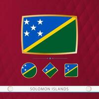 Set of Solomon Islands flags with gold frame for use at sporting events on a burgundy abstract background. vector