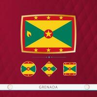 Set of Grenada flags with gold frame for use at sporting events on a burgundy abstract background. vector