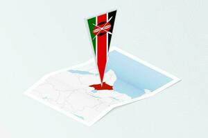 Isometric paper map of Kenya with triangular flag of Kenya in isometric style. Map on topographic background. vector