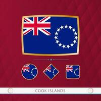 Set of Cook Islands flags with gold frame for use at sporting events on a burgundy abstract background. vector