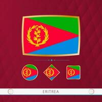 Set of Eritrea flags with gold frame for use at sporting events on a burgundy abstract background. vector