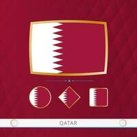 Set of Qatar flags with gold frame for use at sporting events on a burgundy abstract background. vector