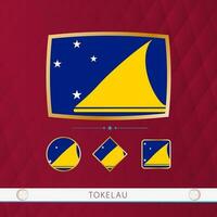 Set of Tokelau flags with gold frame for use at sporting events on a burgundy abstract background. vector